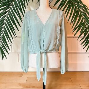WAYF Sage Green Lace Trim Tie Front Blouse Sheer Sleeve Cropped Top Size Small